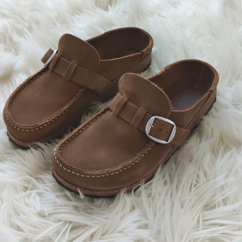 Birkenstock Buckley, Suede Leather in Tea, size 37